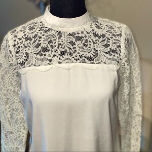 Cream Express Long Sleeve Blouse - Lace, High Neck, Zipper in Back